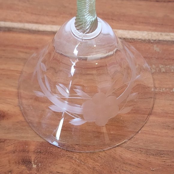 Weston Green Vaseline Stem Floral Stripe Etched Cordial 5.5" Depression Glass - Picture 8 of 12